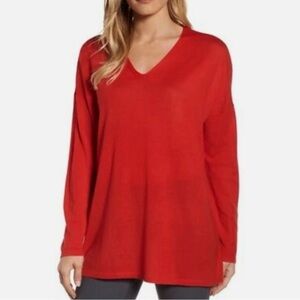 Eileen Fisher XS 100% Merino Wool V Neck Tunic Sweater Orange Red Lava Color